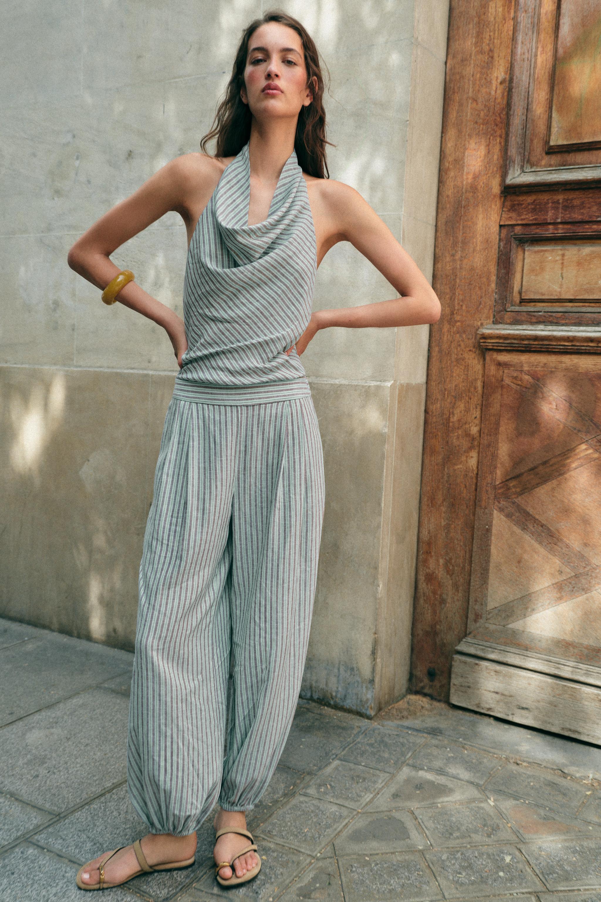 STRIPED LINEN HALTER JUMPSUIT